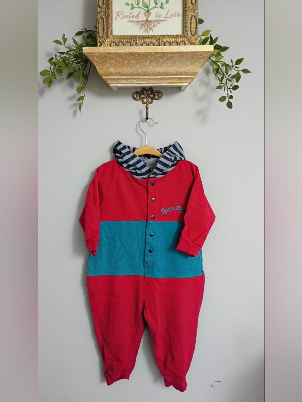 Vintage GAP Red and Teal Hooded One-Piece Footie